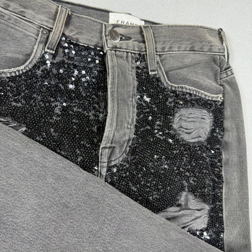 FRAME Basque Rips Sequin Embellished Distressed Straight Leg Jeans Washed Black